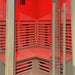 Front glass entry of the Insignia KY006 1300 x 1300 Infrared Sauna showcasing its spacious wooden corner bench and vertical heater panels.