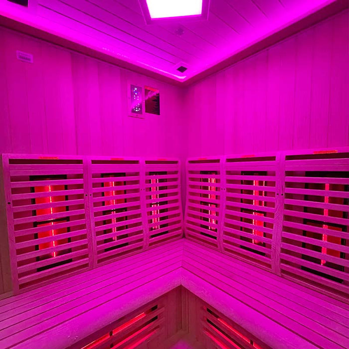 Close-up of the internal seating area in the Insignia KY006 Infrared Indoor Sauna, showing the ergonomic design and premium wood finish.