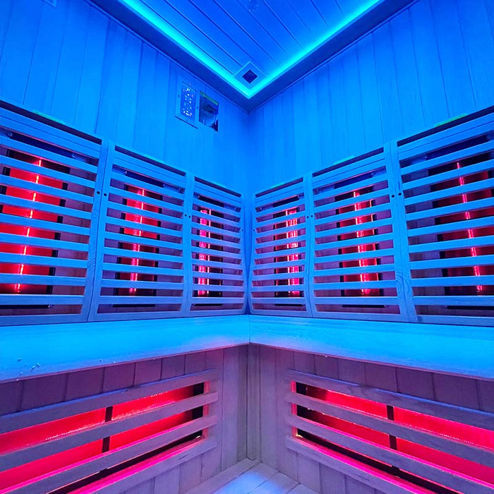 Detailed view of the leg heaters inside the Insignia KY006 Infrared Indoor Sauna, designed to provide targeted warmth for maximum comfort.