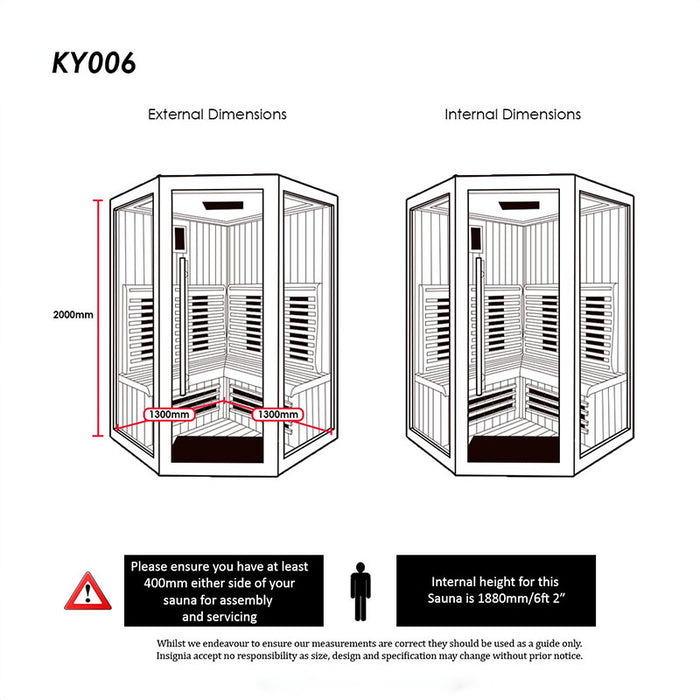 Schematic diagram of the Insignia KY006 Infrared Indoor Sauna, displaying both external and internal dimensions for accurate installation.