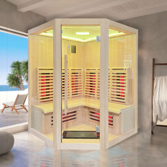 The Insignia KY007 Infrared Indoor Sauna 1500x1500 placed in a luxurious indoor setting, featuring spacious seating and premium infrared panels for a relaxing sauna experience.