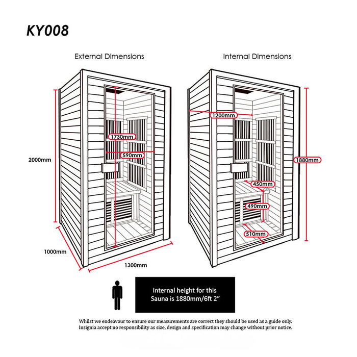 Technical dimensions of the Insignia KY008 Infrared Indoor Sauna 1300 x 1000 showing external and internal measurements for height, width, and seating space.