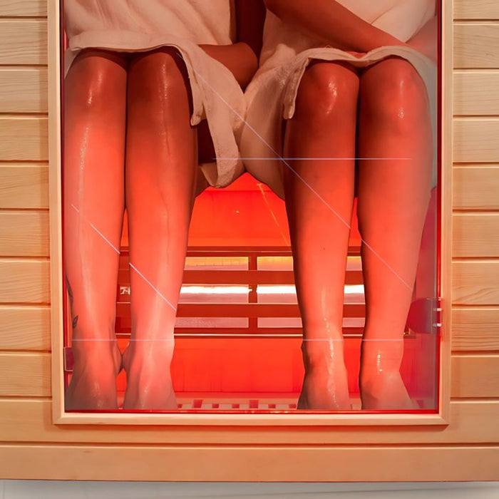 Infrared view inside the Insignia KY009 Infrared Indoor Sauna 1500 x 1000, with two users enjoying the soothing heat therapy and spacious seating.