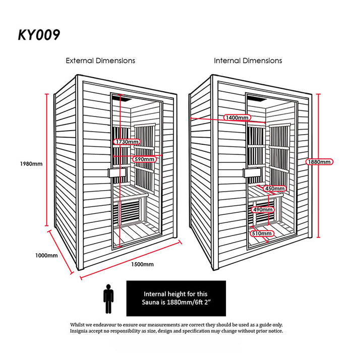 Detailed technical drawing of the Insignia KY009 Infrared Indoor Sauna 1500 x 1000 showing interior and exterior measurements for precise installation and planning.