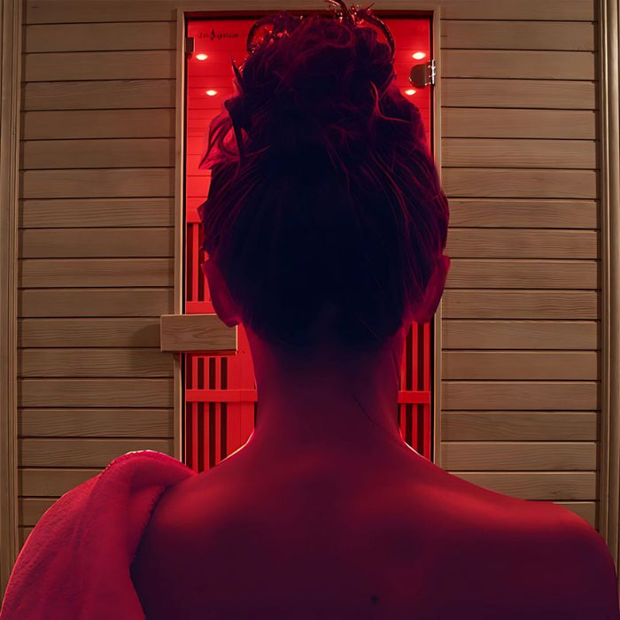 Rear view of a woman preparing to enter the Insignia KY009 Infrared Indoor Sauna 1500 x 1000, lit with calming infrared red lighting for relaxation.