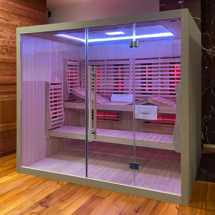 Side view of the Insignia KY2216 Infrared Sauna featuring high-quality Canadian Spruce construction, full-glass front, and red infrared panels for deep heat therapy.