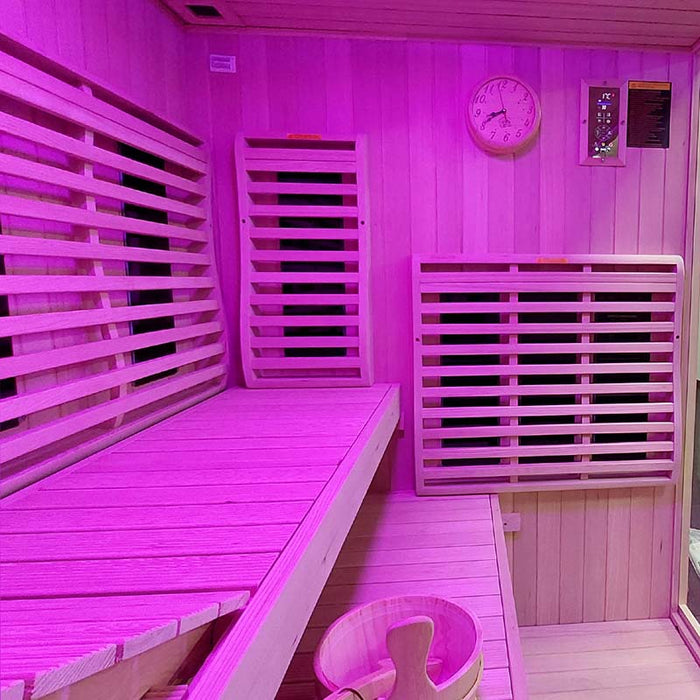 Ceiling of the Insignia KY2216 Infrared Sauna illuminated with purple LED chromotherapy lighting to create a soothing atmosphere.