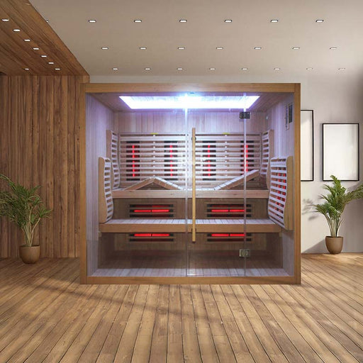 Front view of the Insignia KY2216 Infrared Indoor Sauna in a stylish home setting, showcasing its spacious design, premium Canadian Spruce wood, and sleek tempered glass door.