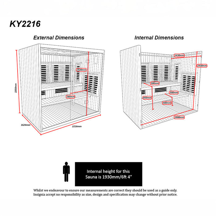 Diagram of the Insignia KY2216 Infrared Indoor Sauna showing external and internal dimensions for a detailed understanding of the layout and space.