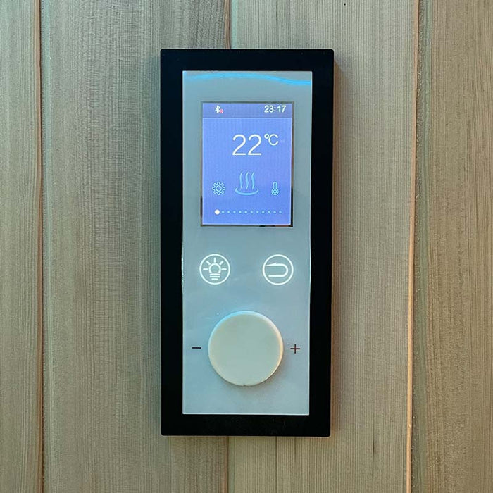 A sleek, easy-to-use digital control panel in the Insignia Outdoor Hybrid Infrared Sauna 1700 x 1500mm, allowing for precise temperature adjustments, lighting control, and overall customisation of your sauna session.