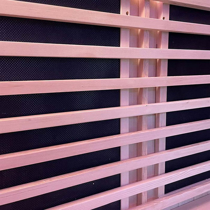 A close-up of the infrared heating panels in the Insignia Outdoor Hybrid Infrared Sauna 1700 x 1500mm, showcasing the quality craftsmanship of the Canadian Hemlock wood and efficient panel design.