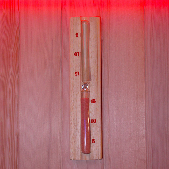 A close-up of the wooden sand timer mounted on the wall of the Insignia Outdoor Hybrid Infrared Sauna 1700 x 1500mm, adding a traditional element to your sauna experience.