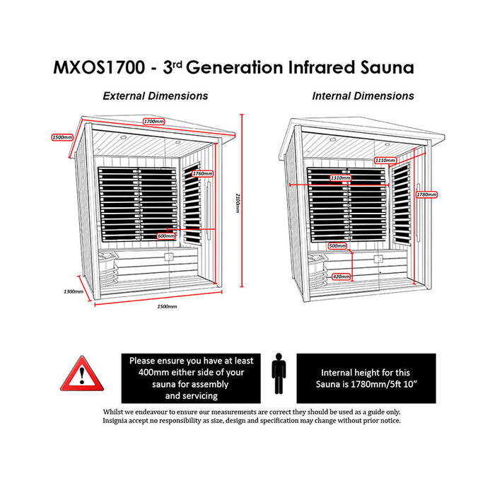 A diagram of the Insignia Outdoor Hybrid Infrared Sauna 1700 x 1500mm, illustrating both internal and external dimensions, ensuring proper setup and understanding of the sauna’s spacious design.