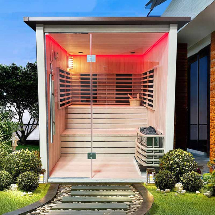 The Insignia Outdoor Hybrid Infrared Sauna 2000 x 2000mm illuminated in a home setting, showcasing its sleek design and inviting interior.