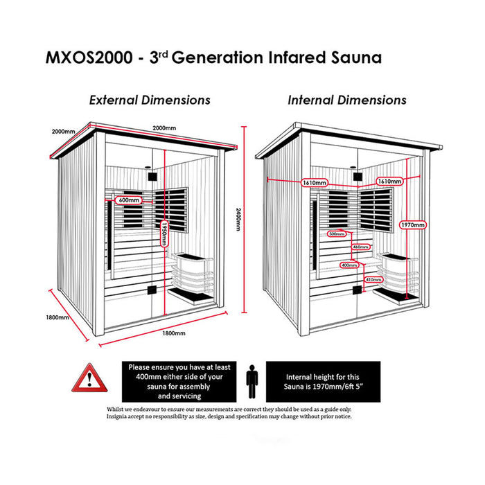 Schematics of the Insignia Outdoor Hybrid Infrared Sauna 2000 x 2000mm, illustrating external and internal dimensions for easy planning and installation.