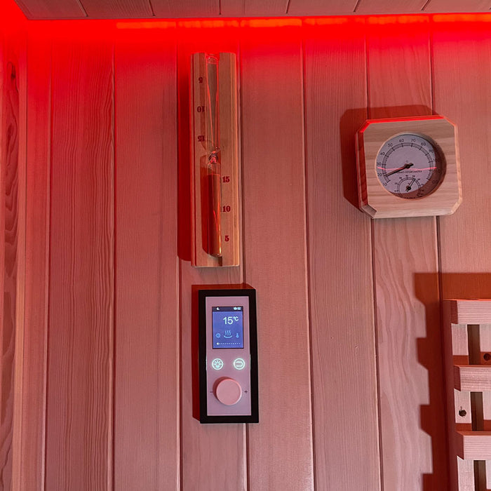 Control panel, thermo-hygrometer, and sand timer inside the Insignia Outdoor Hybrid Infrared Sauna 2000 x 2000mm, providing precise temperature control and session timing.