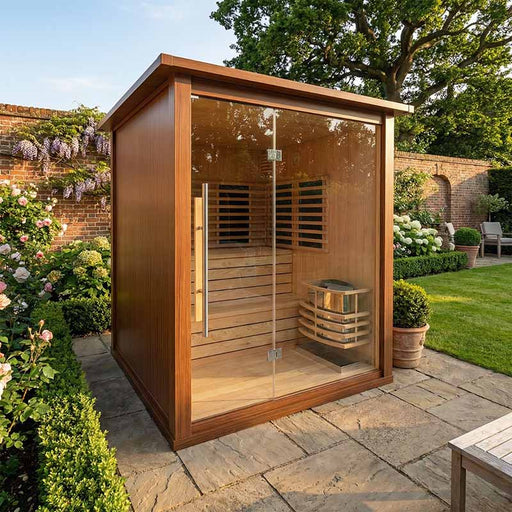 Insignia outdoor hybrid infrared sauna 2000 x 2000mm in garden setting, luxury wooden sauna cabin with glass door surrounded by landscaped outdoor patio.