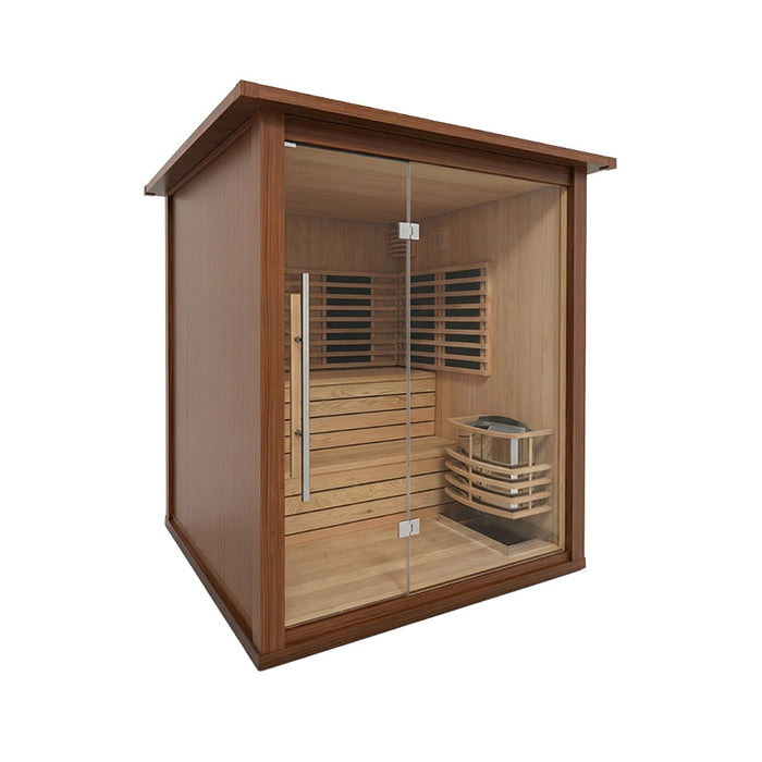 Insignia outdoor hybrid infrared sauna 2000 x 2000mm in natural wood finish, modern glass front sauna cabin with interior bench seating and heater detail.