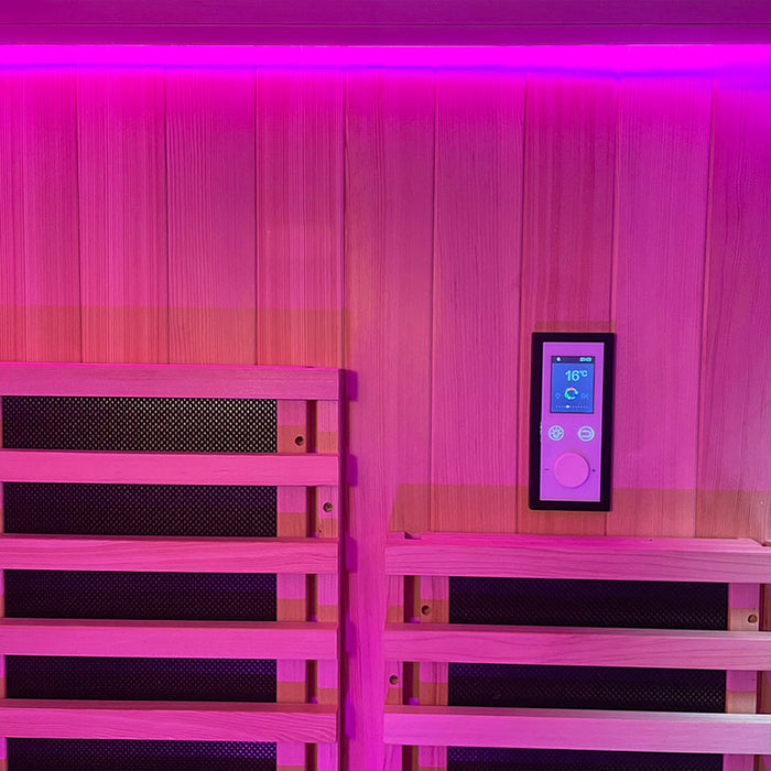 The sleek digital control panel allows you to easily manage the temperature, lighting, and settings of the Insignia Infrared Sauna, ensuring an optimal and relaxing experience.