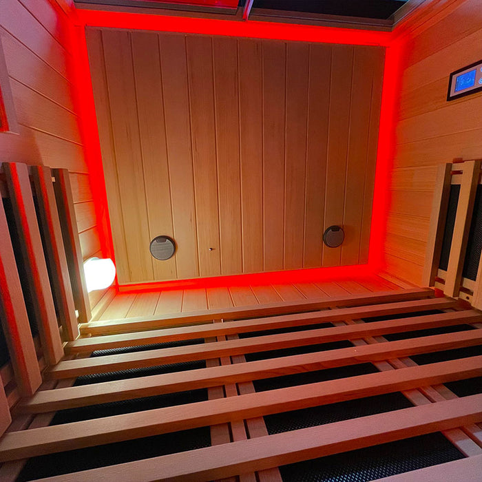 A shot of the interior ceiling showcasing the LED chromotherapy lighting that provides customisable mood settings in the Insignia Outdoor Infrared Sauna.