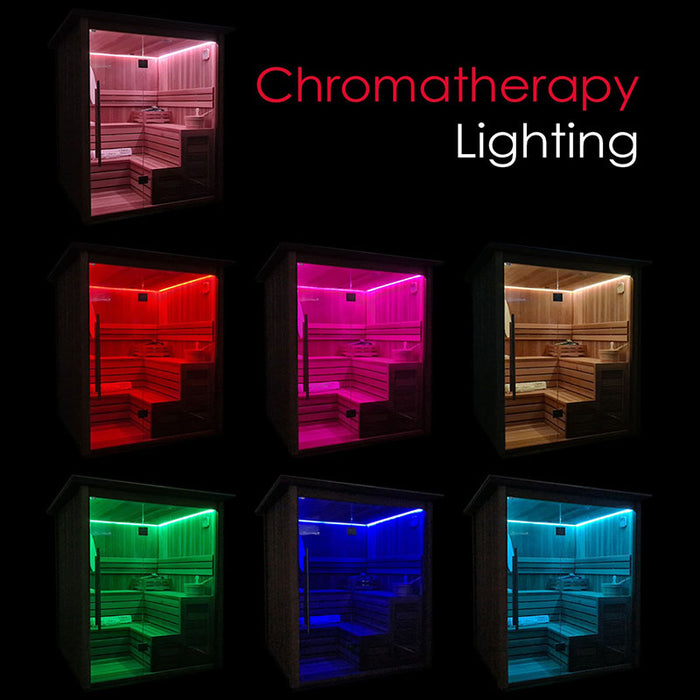 A showcase of the different chromotherapy lighting options, including red, pink, green, blue, and purple for mood enhancement and relaxation.