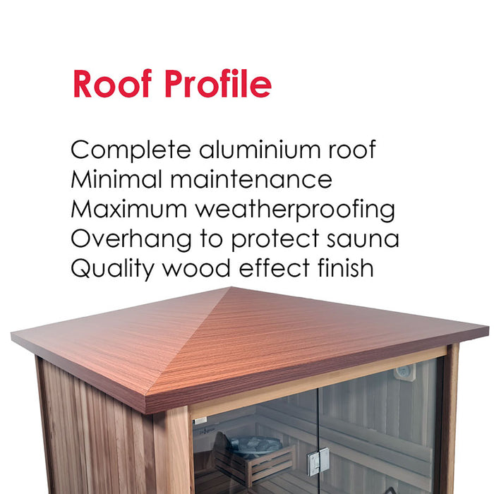 The aluminium roof of the Insignia sauna, designed with weatherproofing and minimal maintenance in mind, features a stylish wood-effect finish.