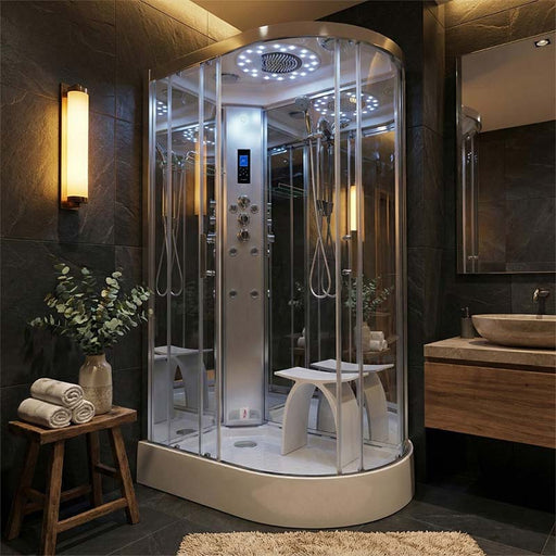 Insignia Platinum Offset Steam Shower 1100 x 700 LH in a dark modern bathroom, with illuminated rainfall shower, massage jets, handheld shower and integrated seat.