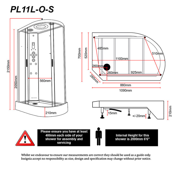 Technical drawing and dimensions of the Insignia Platinum Offset Steam Shower 1100 x 700 Left-Handed model with accurate fitting guide.