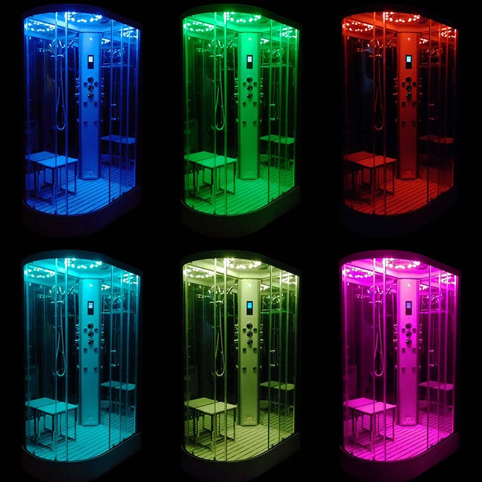 Chromotherapy LED lights in the 1100 x 700 RH Insignia Steam Shower offering a relaxing multicolour mood-enhancing experience.