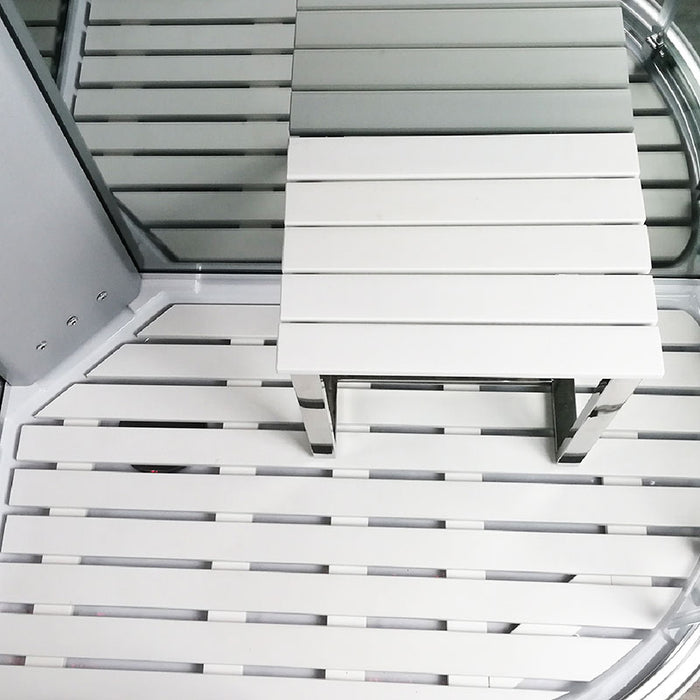 Anti-slip slatted flooring with matching stool inside the Insignia Platinum Offset Steam Shower 1100 x 700 RH cabin.