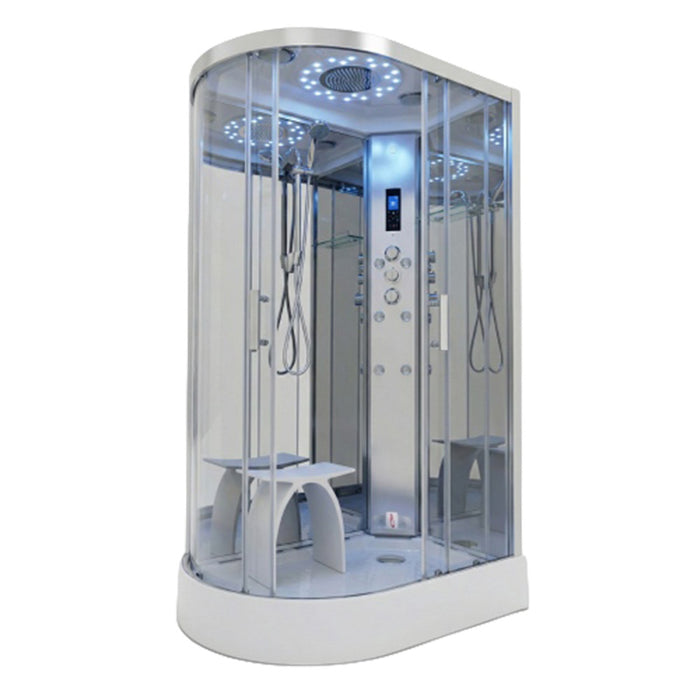 Insignia Platinum Offset Steam Shower 1100 x 700 RH product view with curved glass enclosure, illuminated rainfall shower, body jets, digital controls and integrated seat.