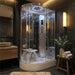 Insignia Platinum Offset Steam Shower 1100 x 700 RH installed in a luxury dark bathroom, featuring LED lighting, rainfall shower, body jets, digital controls and seating.