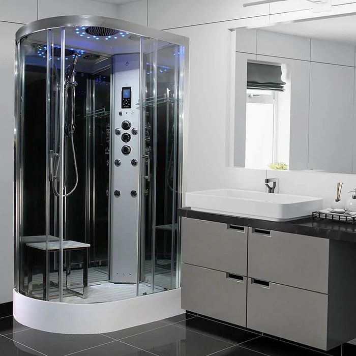 Modern bathroom installation of Insignia Platinum Offset Steam Shower 1100 x 700 RH with monsoon head and glass enclosure.
