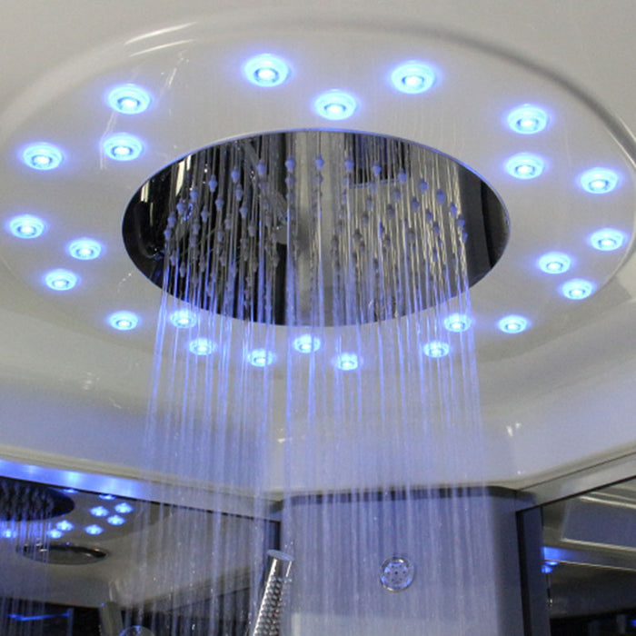 Overhead monsoon rainfall shower in the Insignia 1100 x 700 RH Steam Cabin featuring ambient LED lighting.