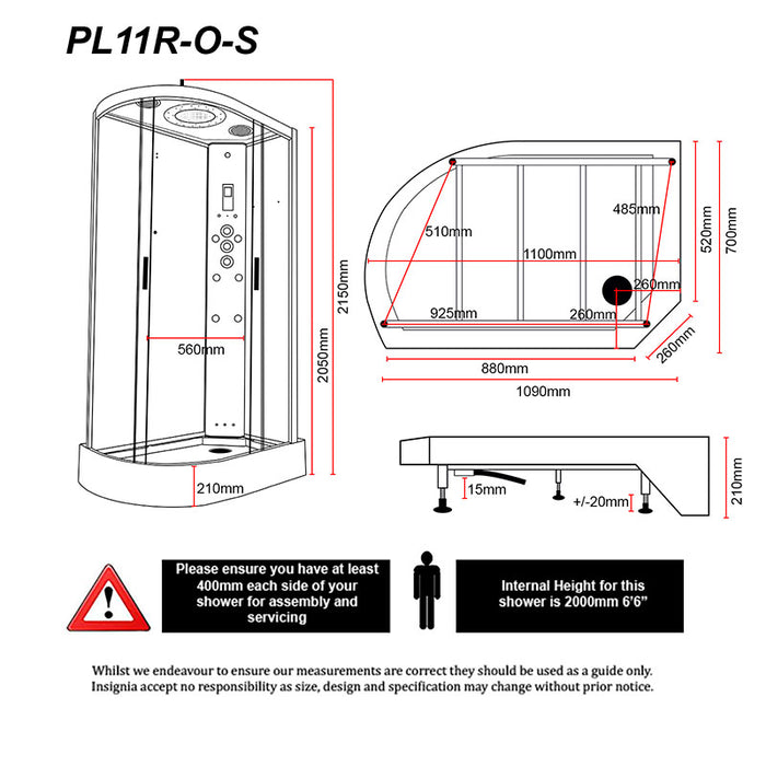 Technical schematics of the Insignia Platinum Offset Steam Shower 1100 x 700 RH highlighting internal height and layout dimensions.
