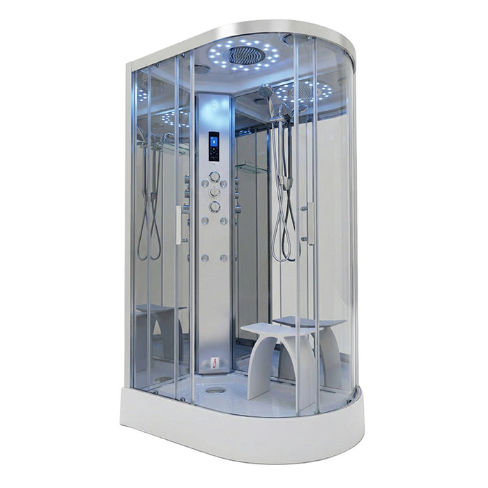 Insignia Platinum Offset Steam Shower 1200 x 800 LH product view, featuring a curved glass enclosure, LED rainfall shower, body massage jets, digital controls and integrated seat.