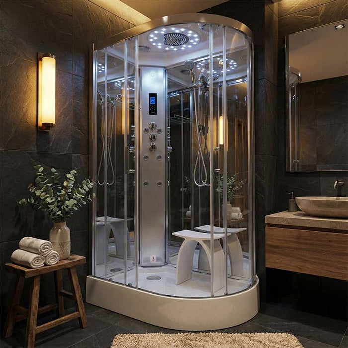 Insignia Platinum Offset Steam Shower 1200 x 800 LH installed in a luxury dark bathroom, featuring LED rainfall shower, body jets, digital controls and integrated seating.