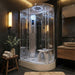 Insignia Platinum Offset Steam Shower 1200 x 800 LH installed in a luxury dark bathroom, featuring LED rainfall shower, body jets, digital controls and integrated seating.
