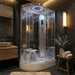 Insignia Platinum Offset Steam Shower 1200 x 800 RH in a dark contemporary bathroom, featuring illuminated rainfall shower, massage jets, digital controls and shower seat.