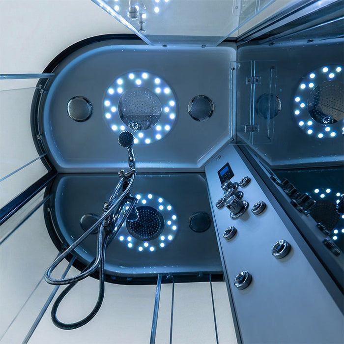 Interior view of the Insignia Platinum Offset Steam Shower 1200 x 800 RH, showing the illuminated rainfall shower head, handheld shower and LED ceiling lights.