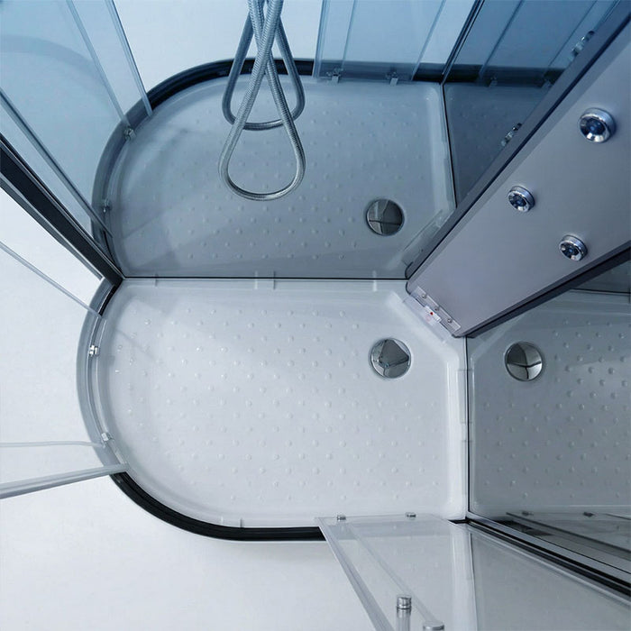 Insignia Platinum Offset Steam Shower 1200 x 800 RH shower tray with textured non-slip surface, curved enclosure base and chrome waste drains.