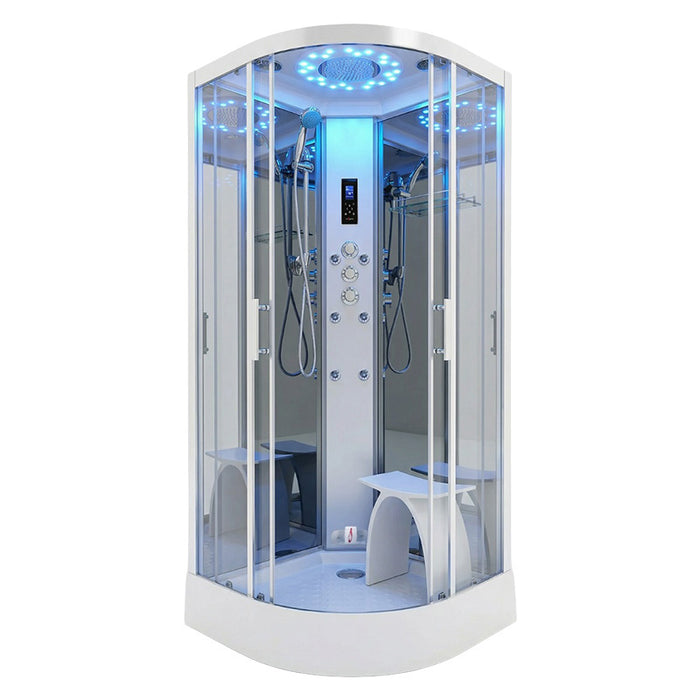 Front view of the Insignia Platinum Quadrant Steam Shower 1000 x 1000, featuring a glass enclosure, rainfall shower, body jets, digital controls and integrated seating.