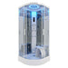 Front view of the Insignia Platinum Quadrant Steam Shower 1000 x 1000, featuring a glass enclosure, rainfall shower, body jets, digital controls and integrated seating.