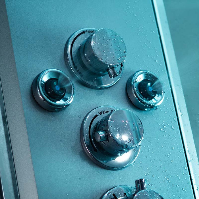 Chrome body massage jets and control knobs featured in the Insignia Platinum Quadrant Steam Shower 800 x 800.