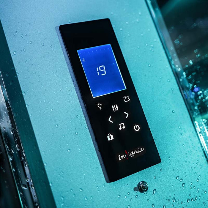 Digital touch control panel for the Insignia Platinum Quadrant Steam Shower 800 x 800 with temperature, steam and lighting controls.