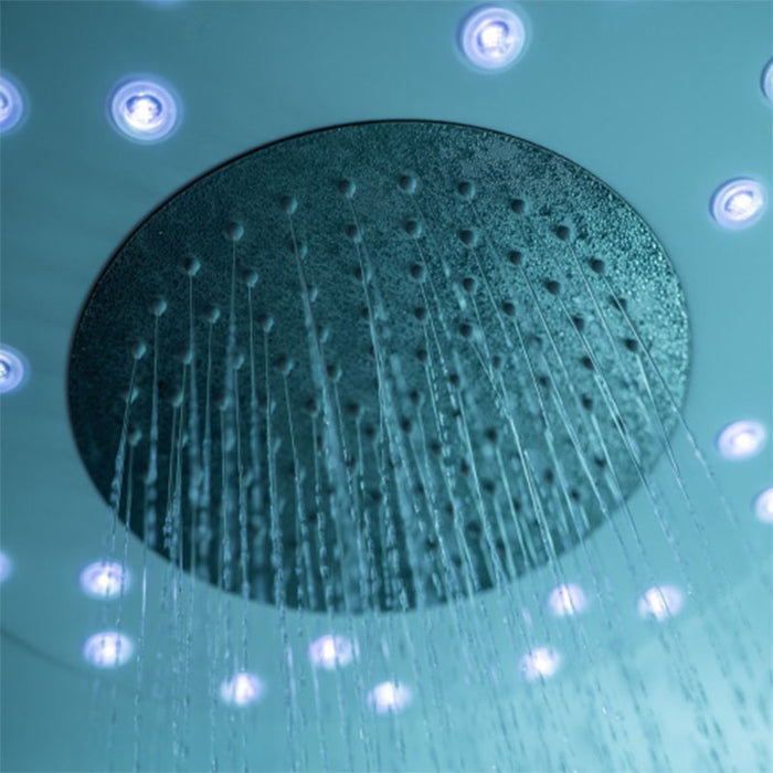 Overhead rainfall shower head with blue LED lighting inside the Insignia Platinum Quadrant Steam Shower 900 x 900, delivering a luxurious spa-style shower experience.
