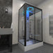 Black-framed Insignia Platinum Rectangle Steam Shower 1050 x 850 installed in a stylish tiled bathroom with LED roof lights.