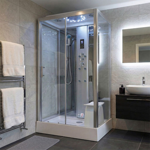 Insignia Platinum Rectangle Steam Shower 1050 x 850 product view, featuring a glass enclosure, LED rainfall shower, body massage jets, digital controls and integrated seat.