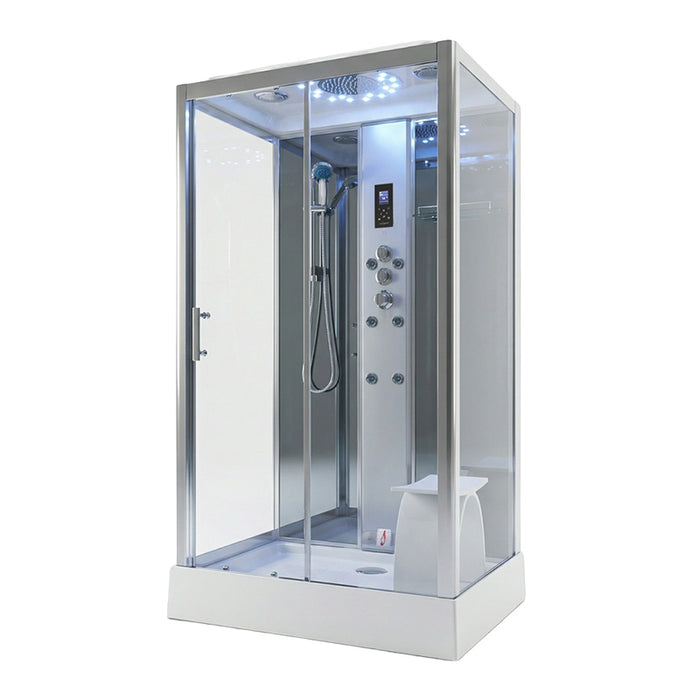 Insignia Platinum Rectangle Steam Shower 1050 x 850 installed in a contemporary bathroom, featuring an illuminated rainfall shower, massage jets, digital controls and shower seating.