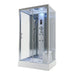 Insignia Platinum Rectangle Steam Shower 1050 x 850 installed in a contemporary bathroom, featuring an illuminated rainfall shower, massage jets, digital controls and shower seating.